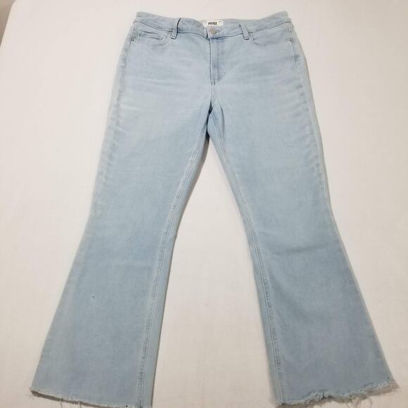 Paige Denim 32 Colette Crop Flare Jeans Fringe Raw Hem Bossanova Cropped Ankle